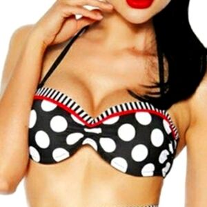 NWOT Retro Style Bikini Top Black and White Polka Dot Bandeau w/Red Accents XL
